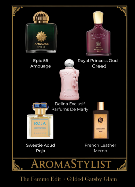 Gilded Gatsby Glam discovery set — Epic 56 Woman, Royal Princess Oud, Delina Exclusif, Sweetie Aoud and French Leather