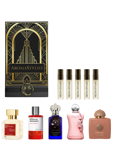 Modern Icons discovery set by AromaStylist — art-deco gift box with five sample vials and the full-size bottles