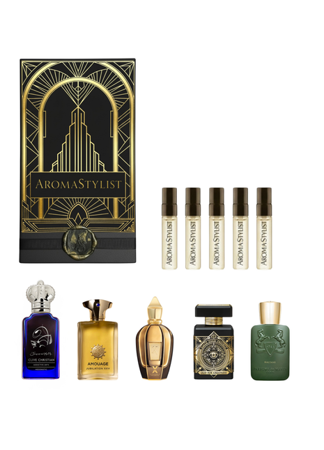 Black Ties discovery set by AromaStylist — art-deco gift box with five sample vials and the full-size bottles