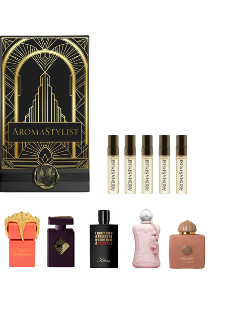 Midnight Bloom discovery set by AromaStylist — art-deco gift box with five sample vials and the full-size bottles
