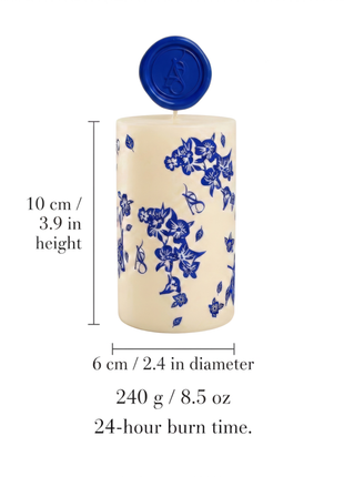 AromaStylist Ornamenta Pillar Candle size guide — 10 cm / 3.9 in height, 6 cm / 2.4 in diameter, 240 g / 8.5 oz, 24-hour burn time