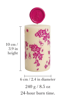 AromaStylist Ornamenta Pillar Candle size guide — 10 cm / 3.9 in height, 6 cm / 2.4 in diameter, 240 g / 8.5 oz, 24-hour burn time