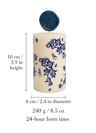 AromaStylist Ornamenta Pillar Candle size guide — 10 cm / 3.9 in height, 6 cm / 2.4 in diameter, 240 g / 8.5 oz, 24-hour burn time