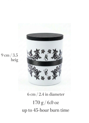 AromaStylist Ornamenta Jar Candle size guide — 9 cm / 3.5 in height, 6 cm / 2.4 in diameter, 170 g / 6.0 oz, up to 45-hour burn time