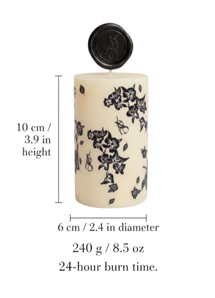AromaStylist Ornamenta Pillar Candle size guide — 10 cm / 3.9 in height, 6 cm / 2.4 in diameter, 240 g / 8.5 oz, 24-hour burn time