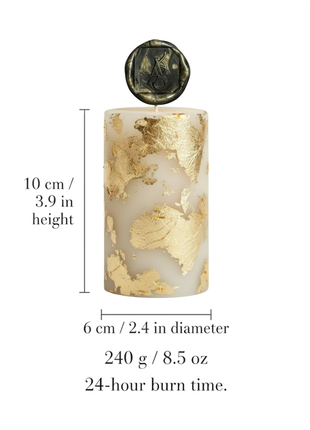 AromaStylist Signatures Pillar Candle size guide — 10 cm / 3.9 in height, 6 cm / 2.4 in diameter, 240 g / 8.5 oz, 24-hour burn time